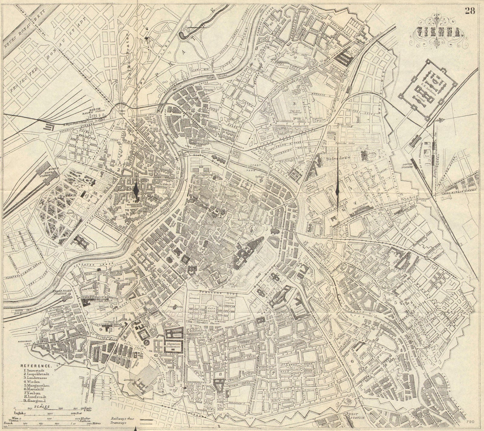 VIENNA WIEN. Antique town plan. City map. Austria. BRADSHAW 1890 old